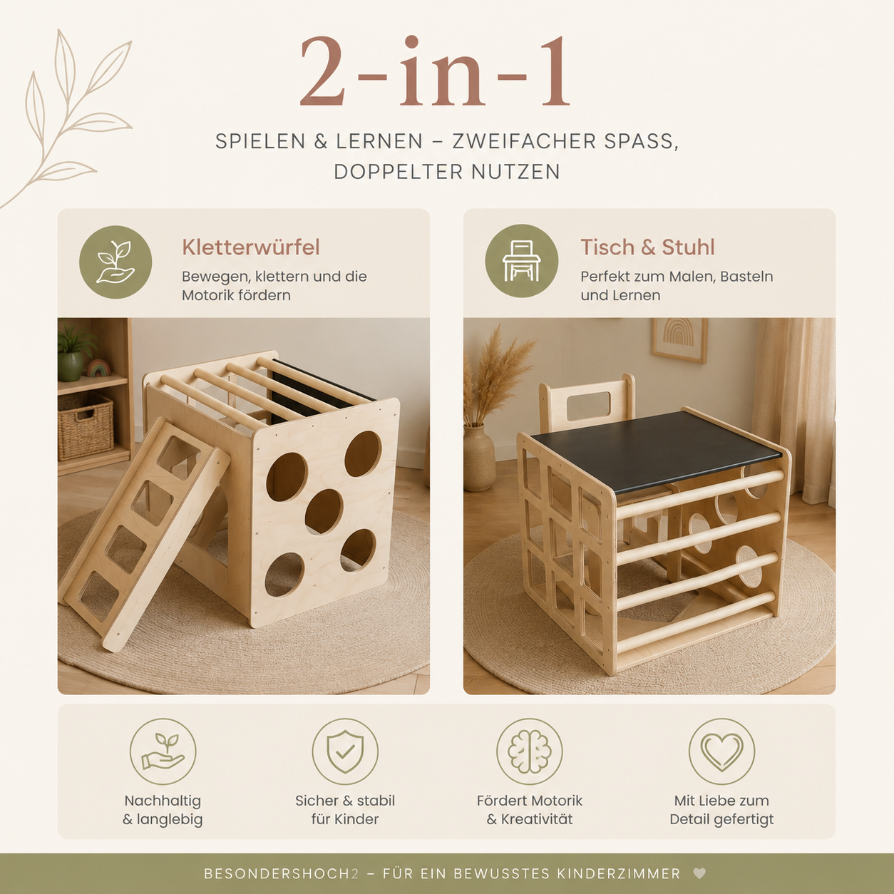 2-in-1 Montessori Tisch und Aktivitätswürfel aus Holz mit Stuhl für Kinder