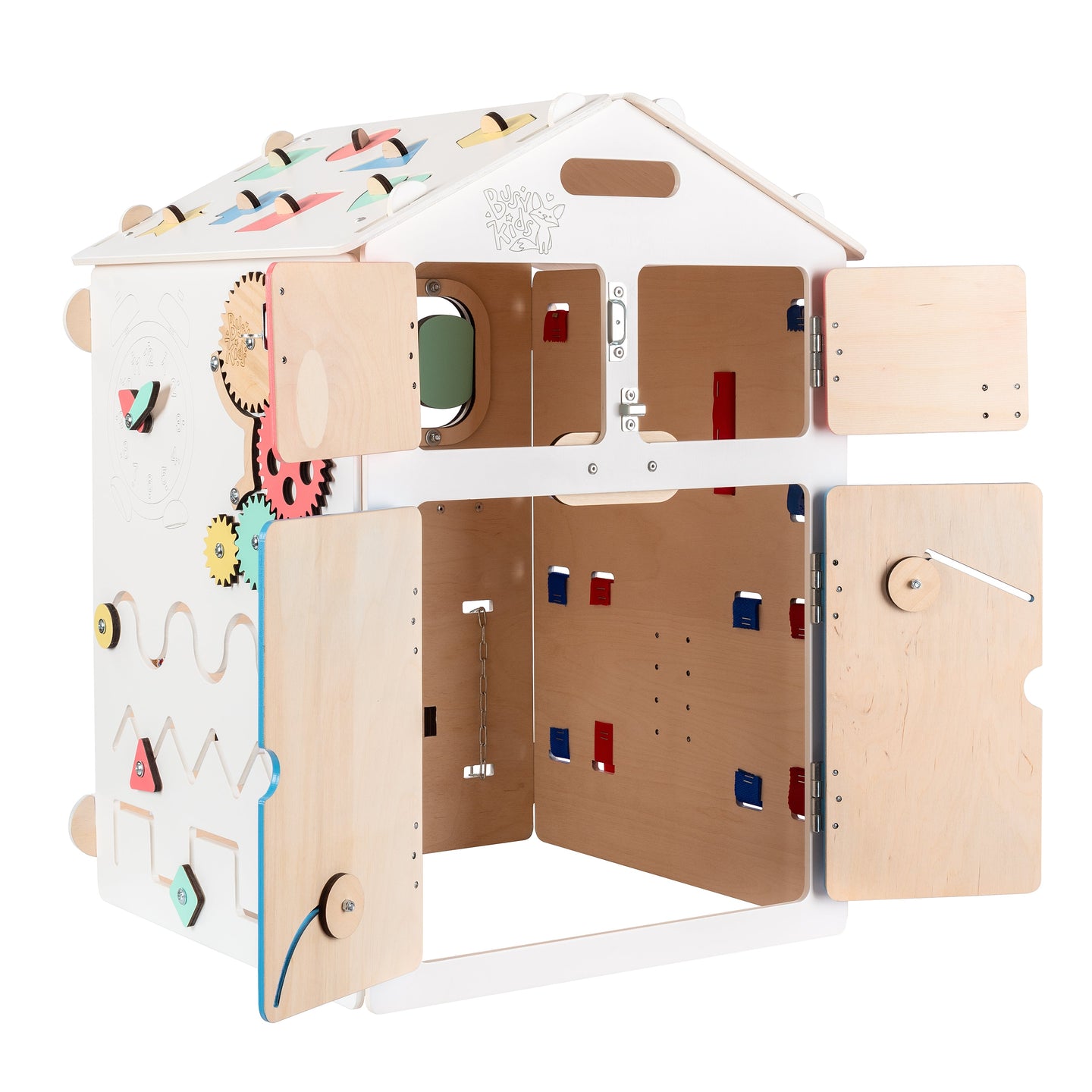 BusyBoard sensorisches Spielhaus Mini – Montessori Holzspielzeug mit über 20 Aktivitäten.