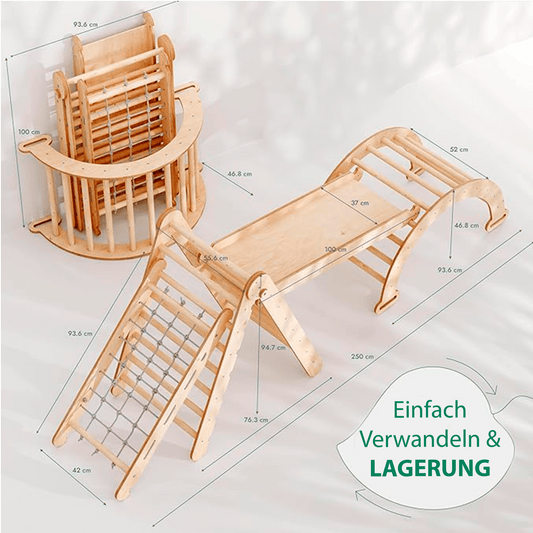 4in1 Montessori Klettergerüst Set: Kletterdreieck mit Rutsche, Kletterbogen, Kletternetz, für Kinder 1 - 7 Jahre – Beige - BesonderesHoch2