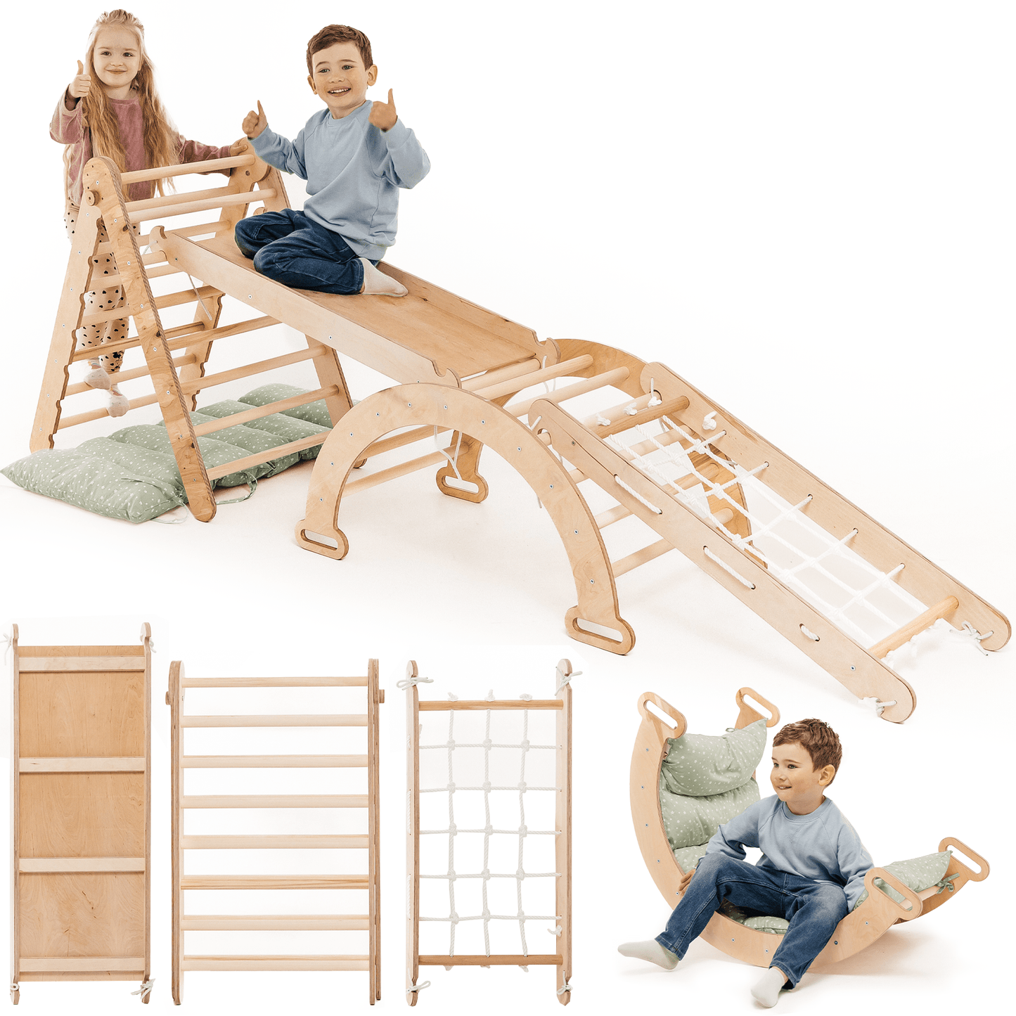 5in1 Montessori Klettergerüst Set: Kletterdreieck mit Rutsche, Kletterbogen, Kletternetz und Kissen, für Kinder 1 - 7 Jahre – Beige - BesonderesHoch2