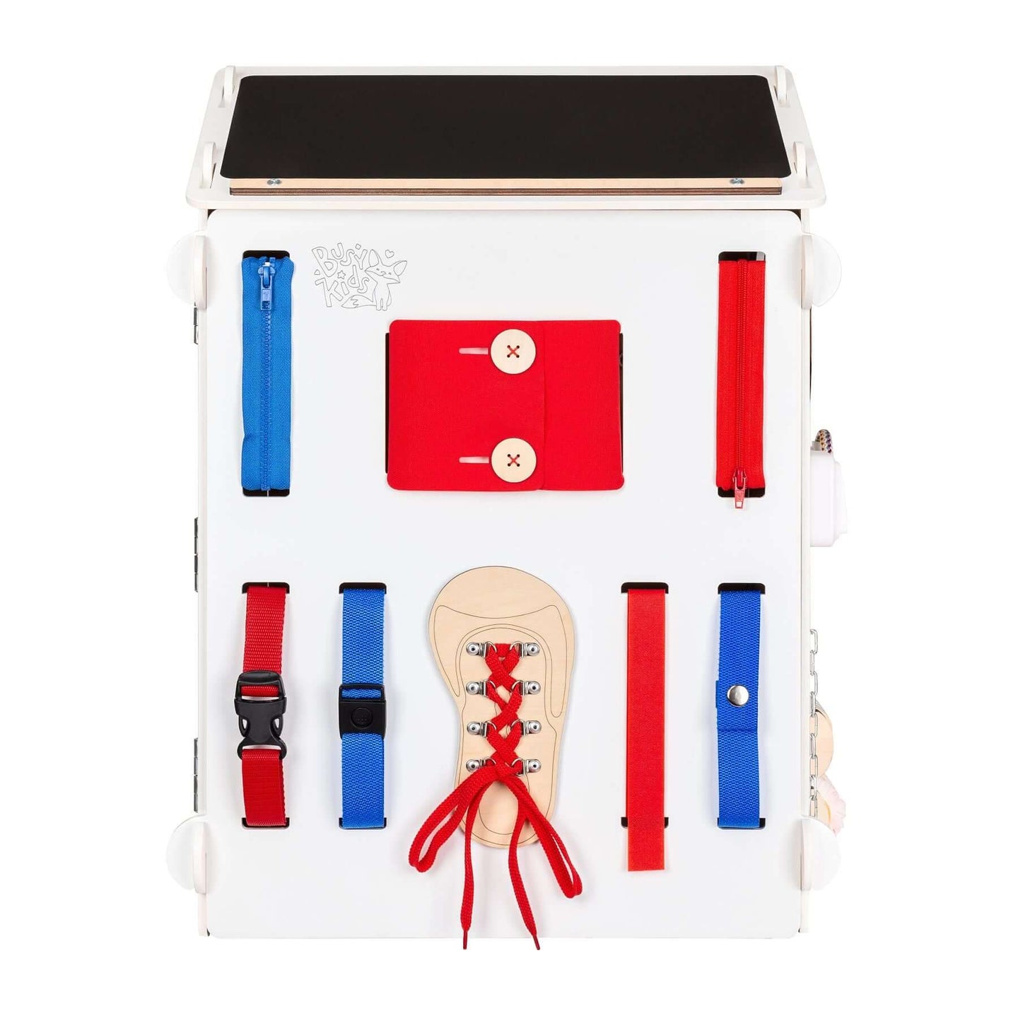 BusyBoard sensorisches Spielhaus Weiß – Montessori Holzspielzeug mit über 30 Aktivitäten.