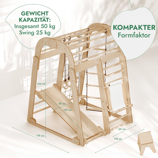 8in1 Indoor Spielplatz: Klettergerüst mit Kletternetz, Rutsche, Gymnastikringe, Hängende Leiter, Disc - Schaukel, Maltafel und Kinderstuhl – Beige - BesonderesHoch2