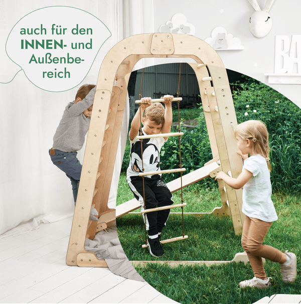 8in1 Indoor Spielplatz: Klettergerüst mit Kletternetz, Rutsche, Gymnastikringe, Hängende Leiter, Disc - Schaukel, Maltafel und Kinderstuhl – Beige - BesonderesHoch2