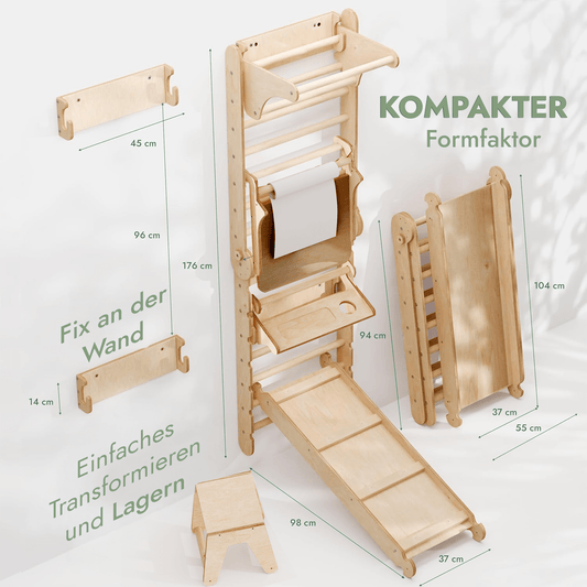 8in1 Kletterwand Indoor: Sprossenwand, Gymnastikringe, Hängende Leiter, Disc - Schaukel, Rutsche, Klimmzugstange, Maltafel und Kinderstuhl für Kinder – Beige - BesonderesHoch2