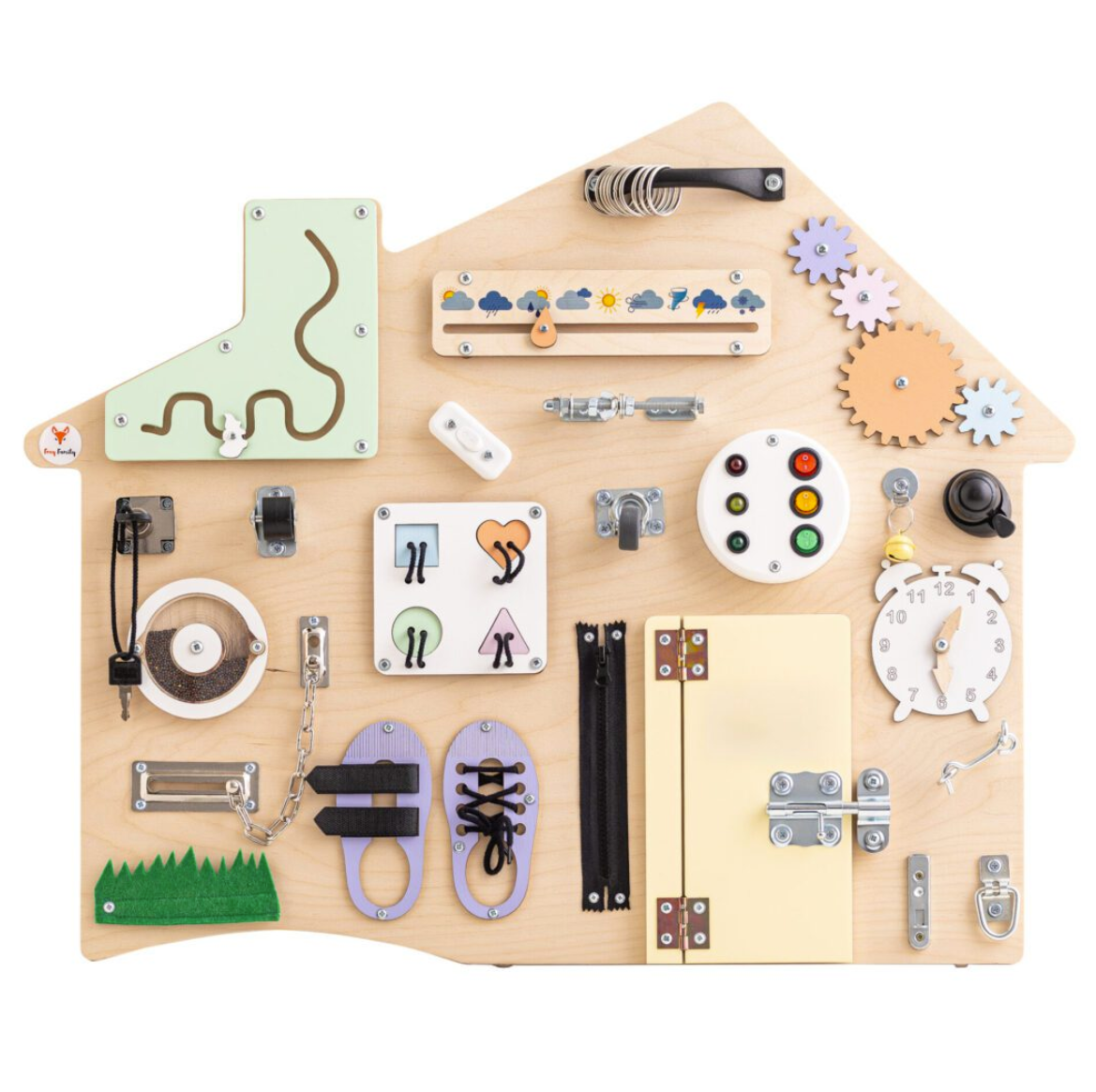 Busyboard Haus XL Pastell – Montessori Lernwand aus Holz