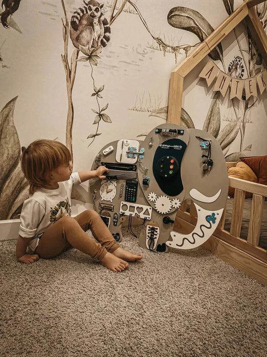 Activity Board Montessori Busyboard Motorikbrett Holz, Elefant.