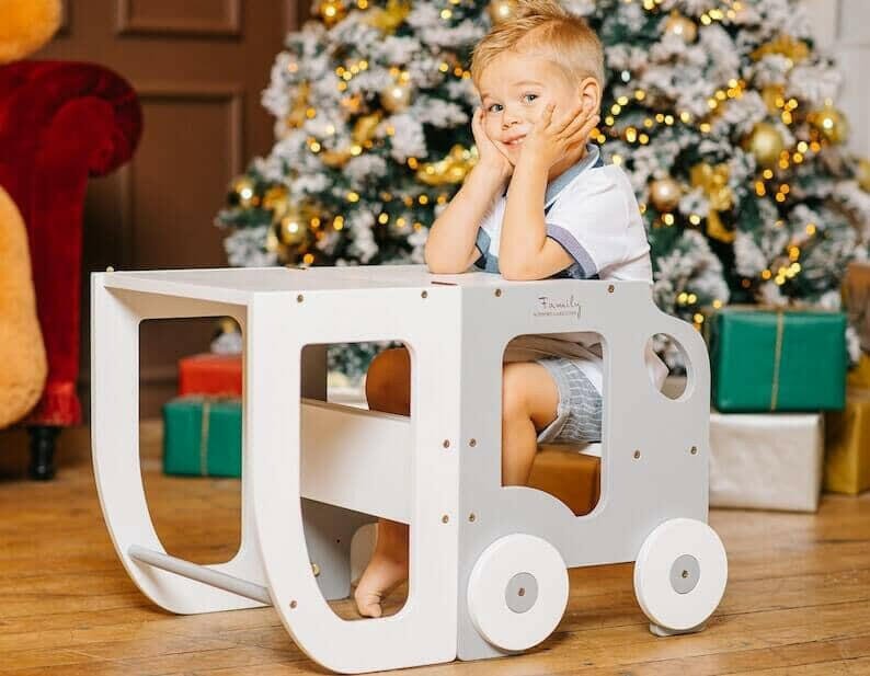 Auto Lernturm, Küchenhelfer, Learning Tower, Montessori Turm, wandelbar, mehrfarbig - BesonderesHoch2