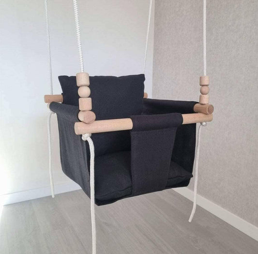 Babyschaukel BIO Leinen, schwarz, niedrige Rückenlehne.