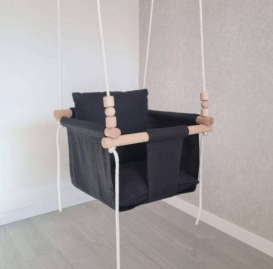 Baby swing ORGANIC linen, black, low backrest