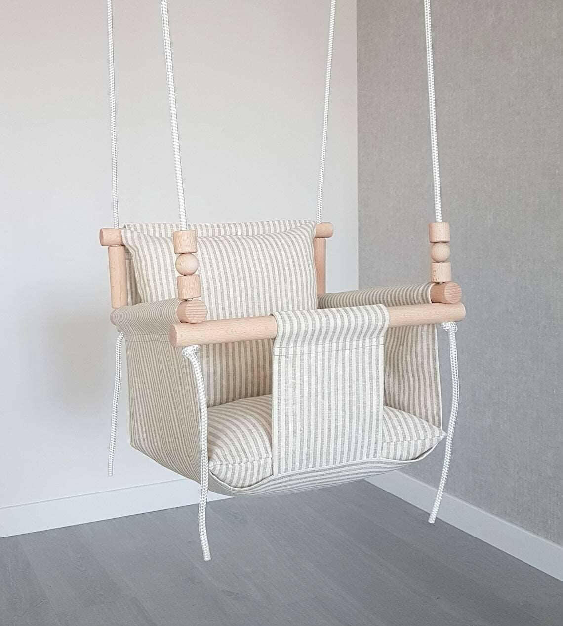 Babyschaukel Leinen, Beige gestreift, Hohe Rückenlehne.
