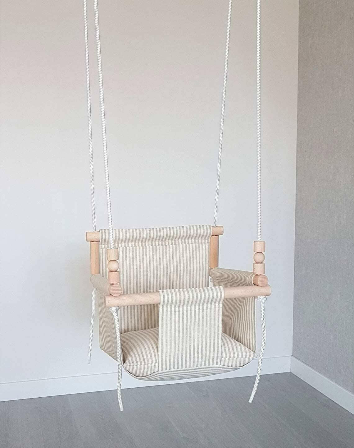 Babyschaukel Leinen, Beige gestreift, Hohe Rückenlehne.