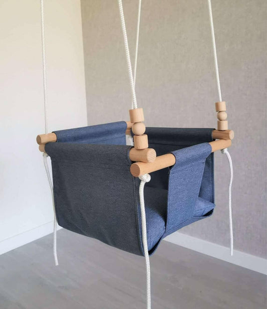 Baby swing polyester weatherproof, blue jeans, low backrest