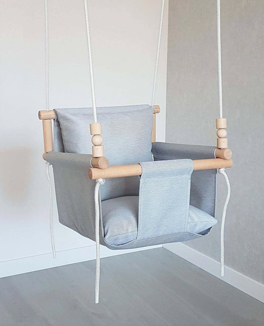 Babyschaukel Stoff wetterfest, Hellgrau, Hohe Rückenlehne.