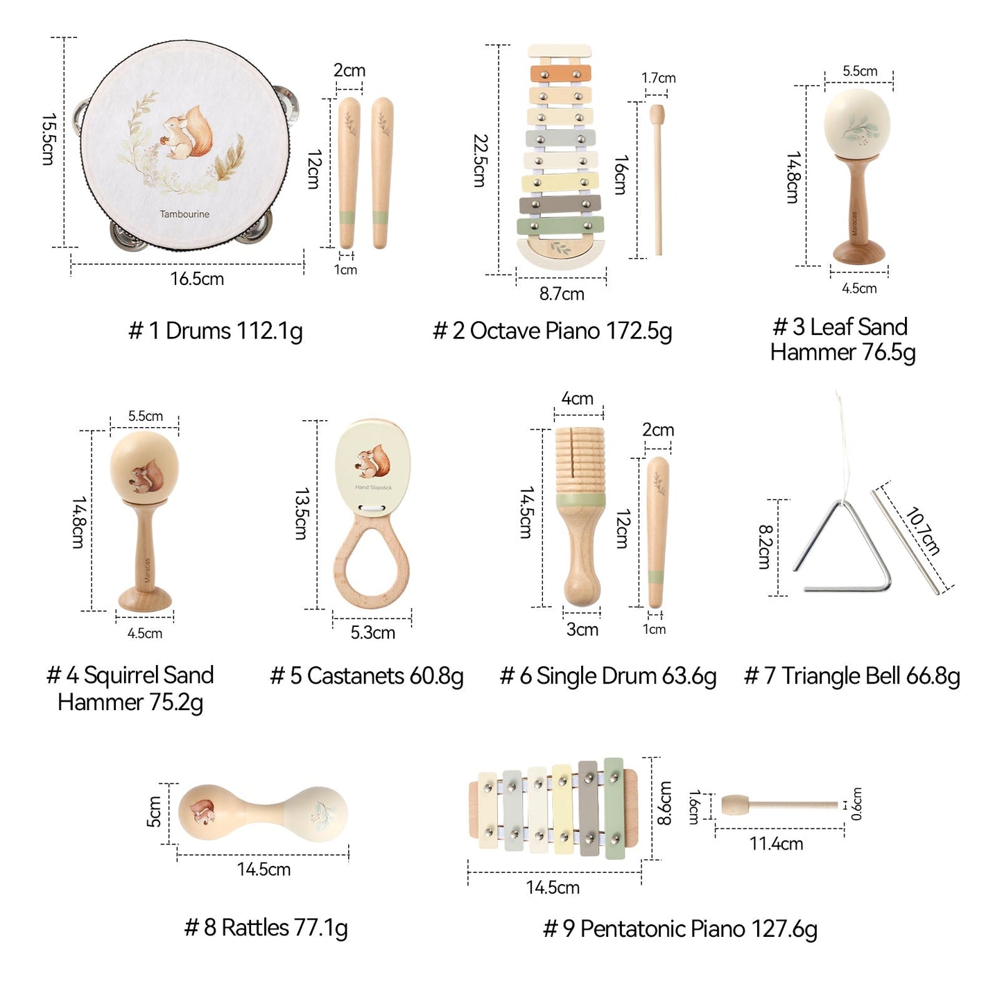 Beliebtes Montessori Holz - Musikinstrument - Set „Eichhörnchen“ – Musikspielzeug für Babys & Kinder | Verschiedene Instrumente, CE - zertifiziert - BesonderesHoch2