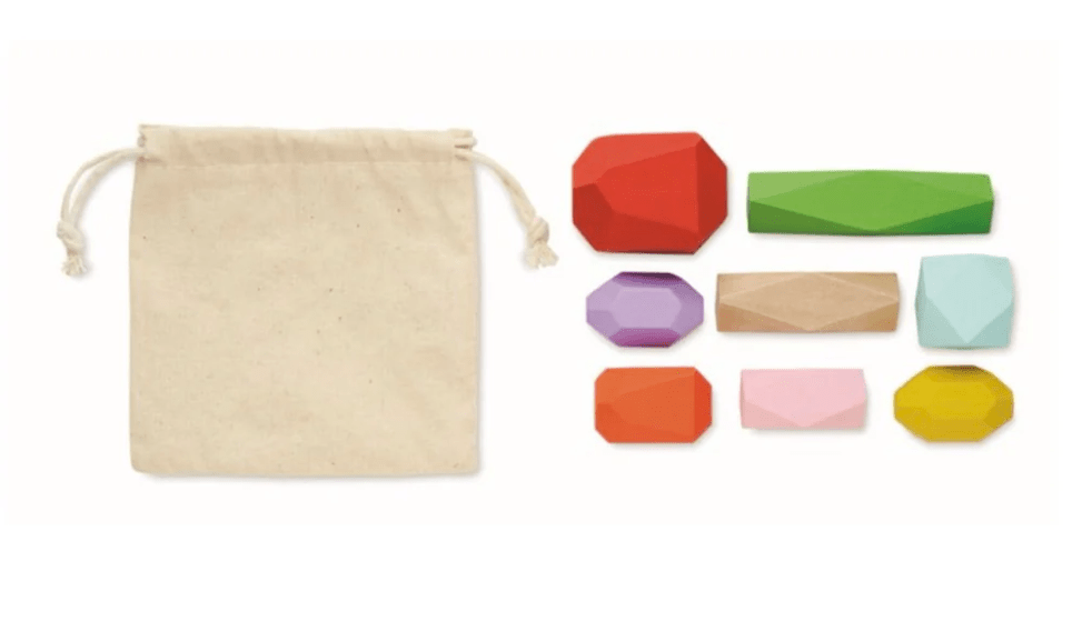 Flowfull® Holzsteine Schatzsuche SET – 8 bunte Spielsteine im Baumwollbeutel - BesonderesHoch2