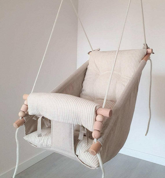 Large baby swing hammock made of linen, beige stripes