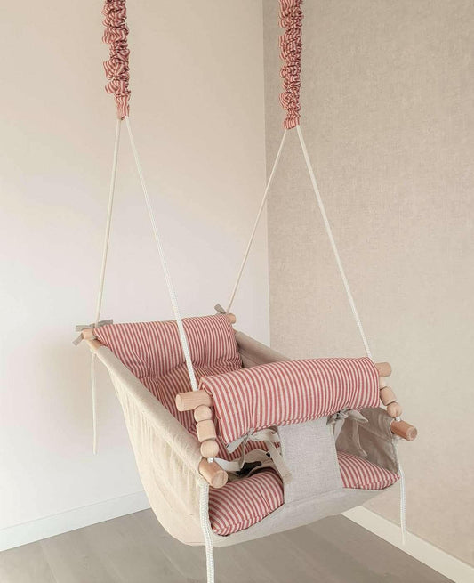 Große Babyschaukel Hängematte aus Leinen, rot gestreift - BesonderesHoch2