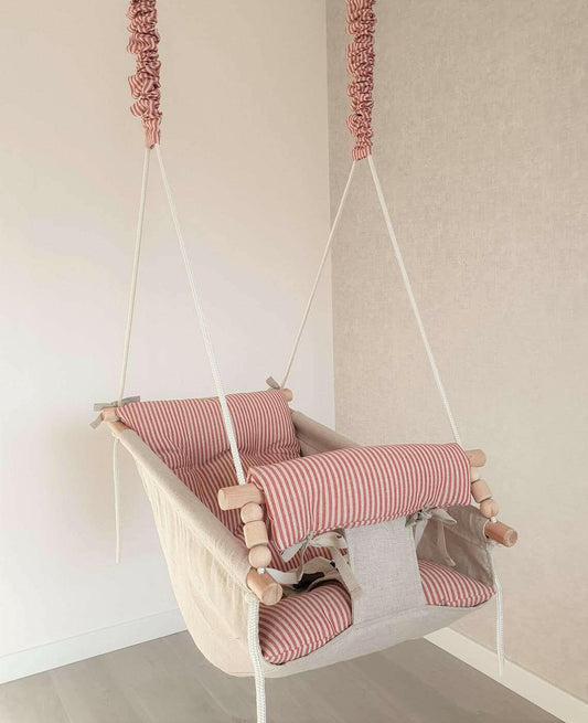 Large baby swing hammock made of linen, red stripes