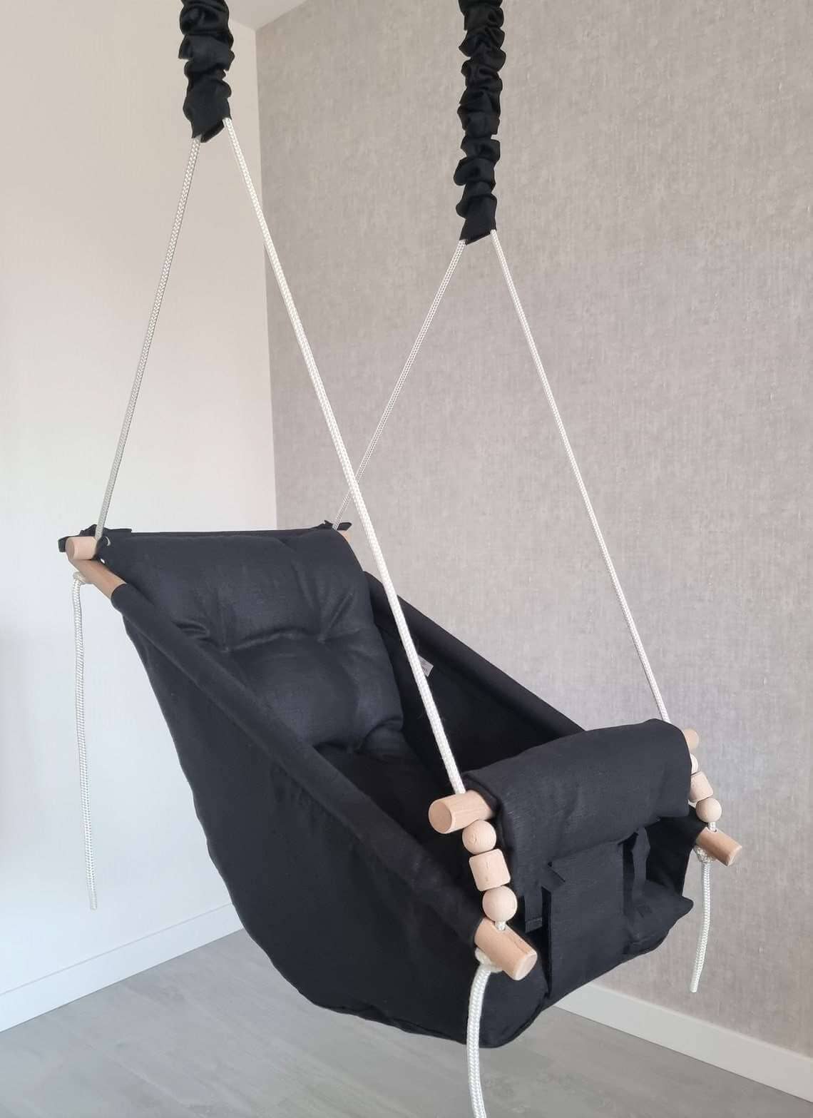 Große Babyschaukel Hängematte aus Leinen, schwarz Pumpur
