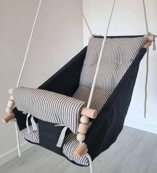 Large black baby swing made of linen, black stripes