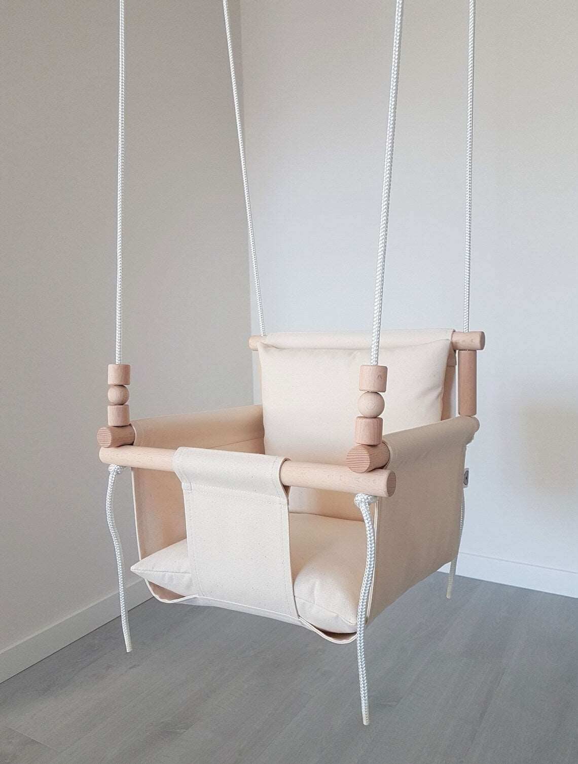 babyschaukel aus baumwolle, weiß creme, hohe rückenlehne - besondereshoch2