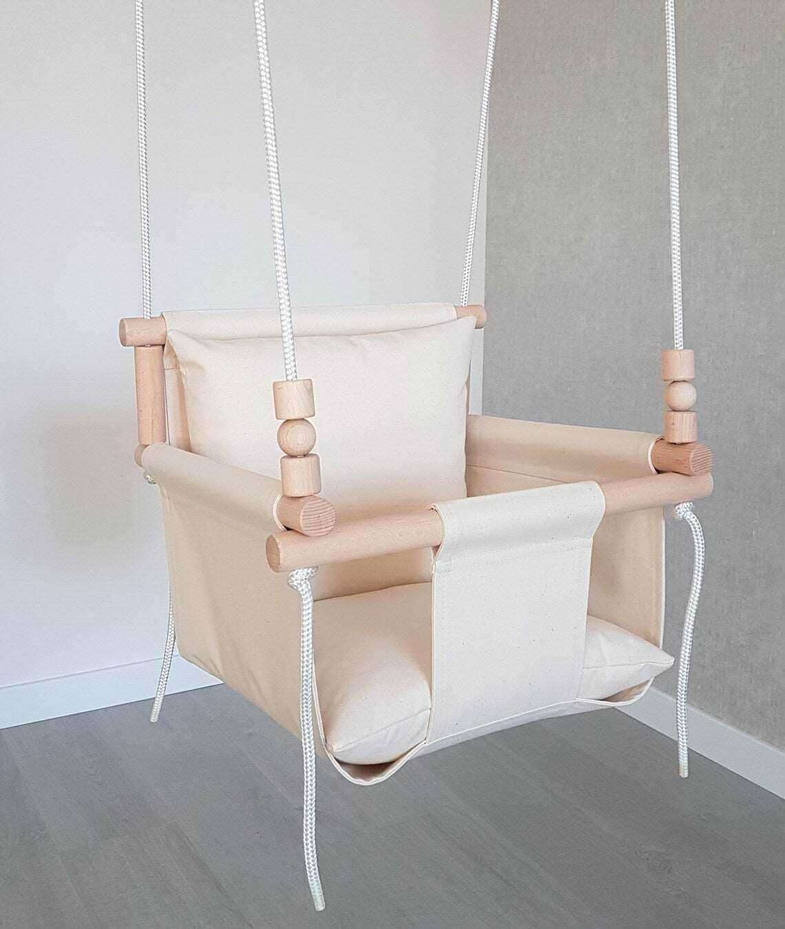 babyschaukel aus baumwolle, weiß creme, hohe rückenlehne - besondereshoch2