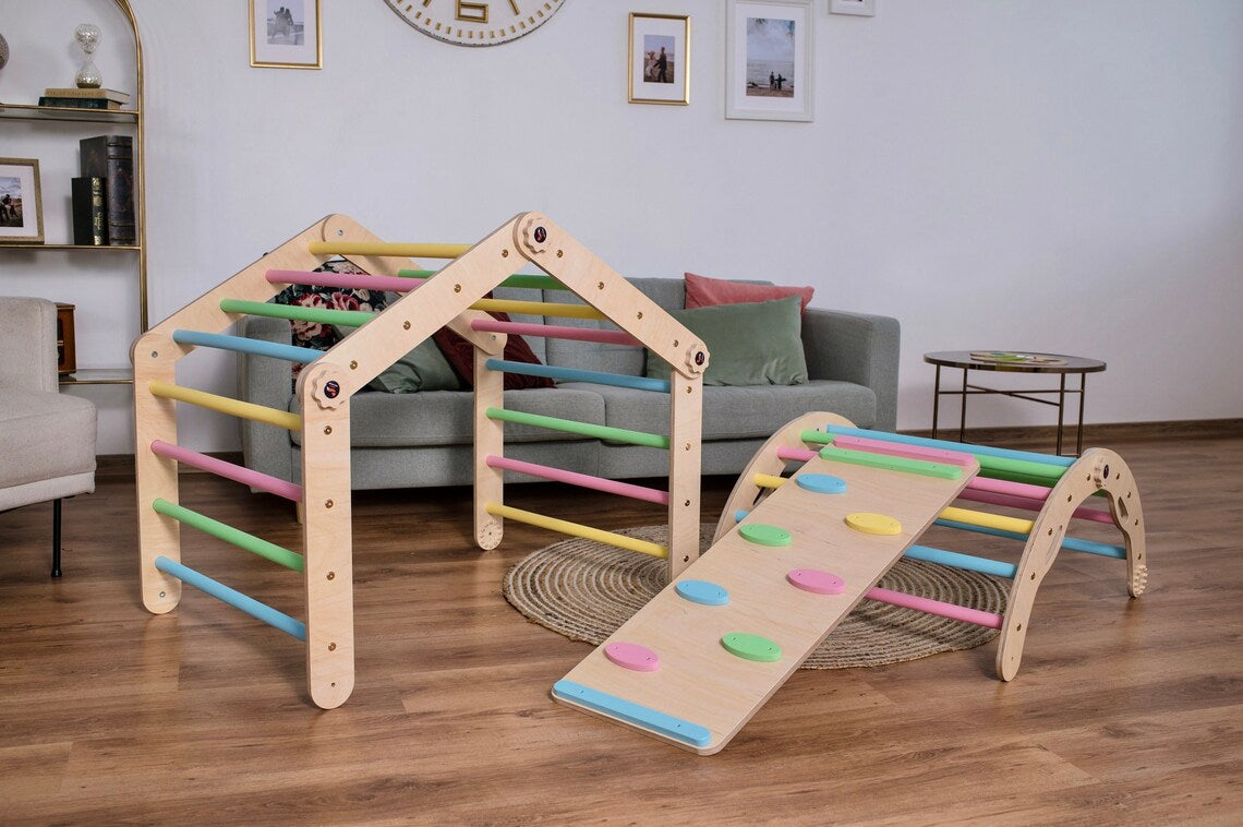kletterdreieck set, kletterbogen, rutsche, pikler dreieck - pastell - natur - besondereshoch2