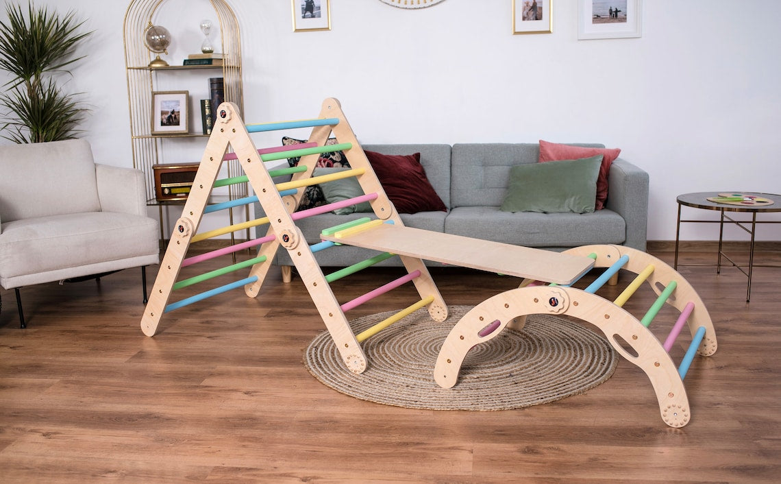 kletterdreieck set, kletterbogen, rutsche, pikler dreieck - pastell - natur - besondereshoch2