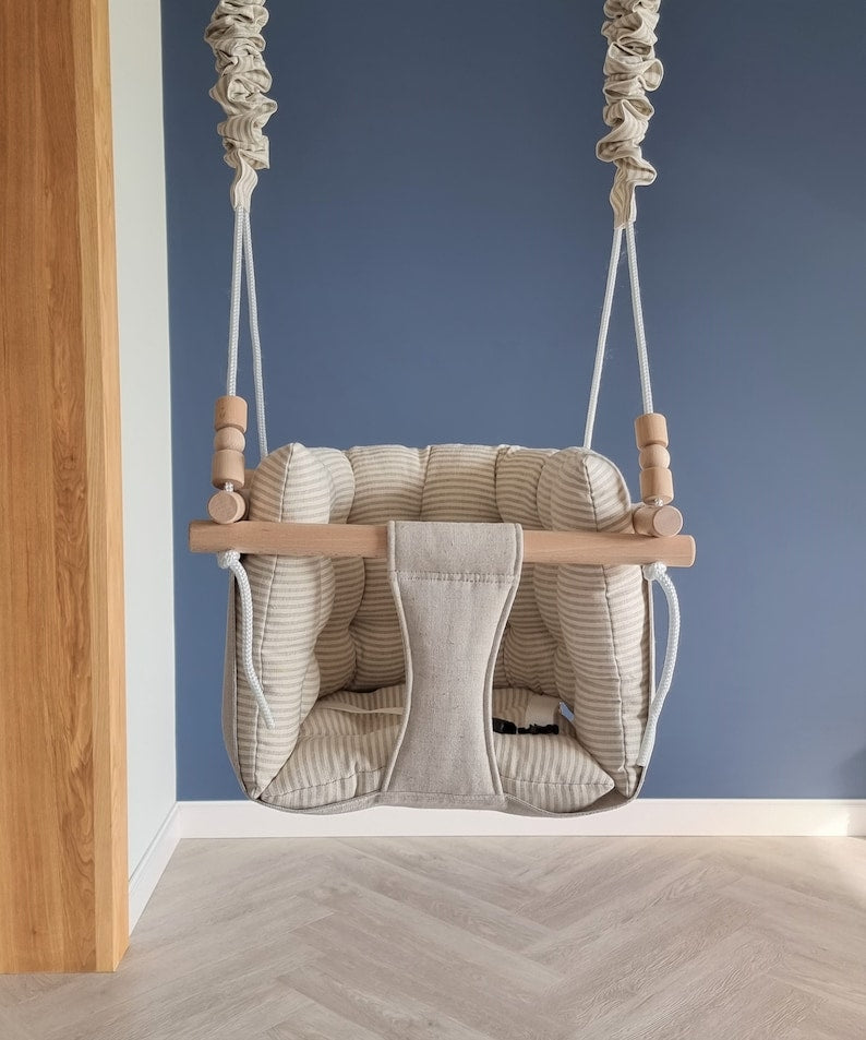 premium babyschaukel aus leinen, natur, streifen - besondereshoch2