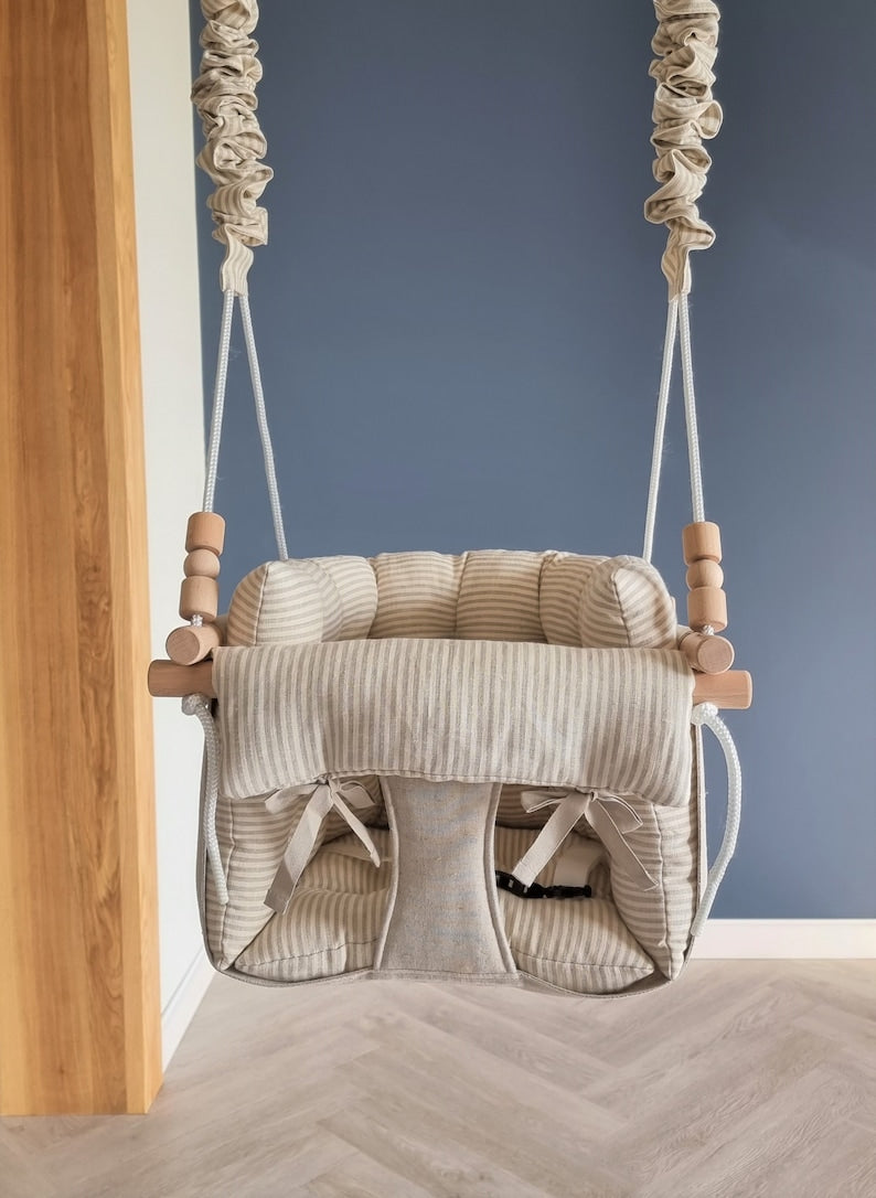 premium babyschaukel aus leinen, natur, streifen - besondereshoch2