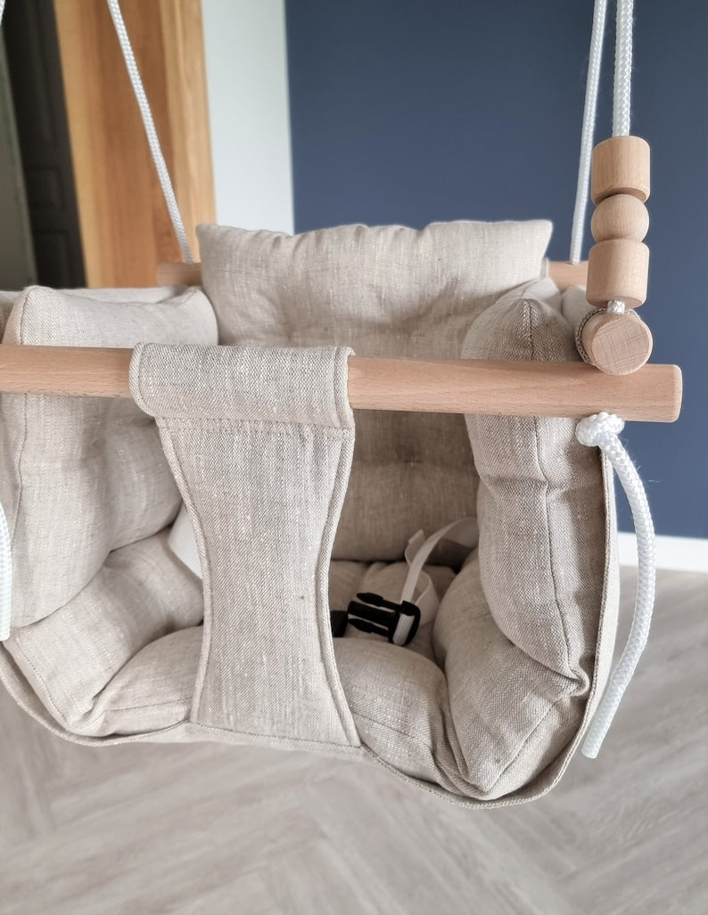 premium babyschaukel aus leinen, natur, melange - besondereshoch2