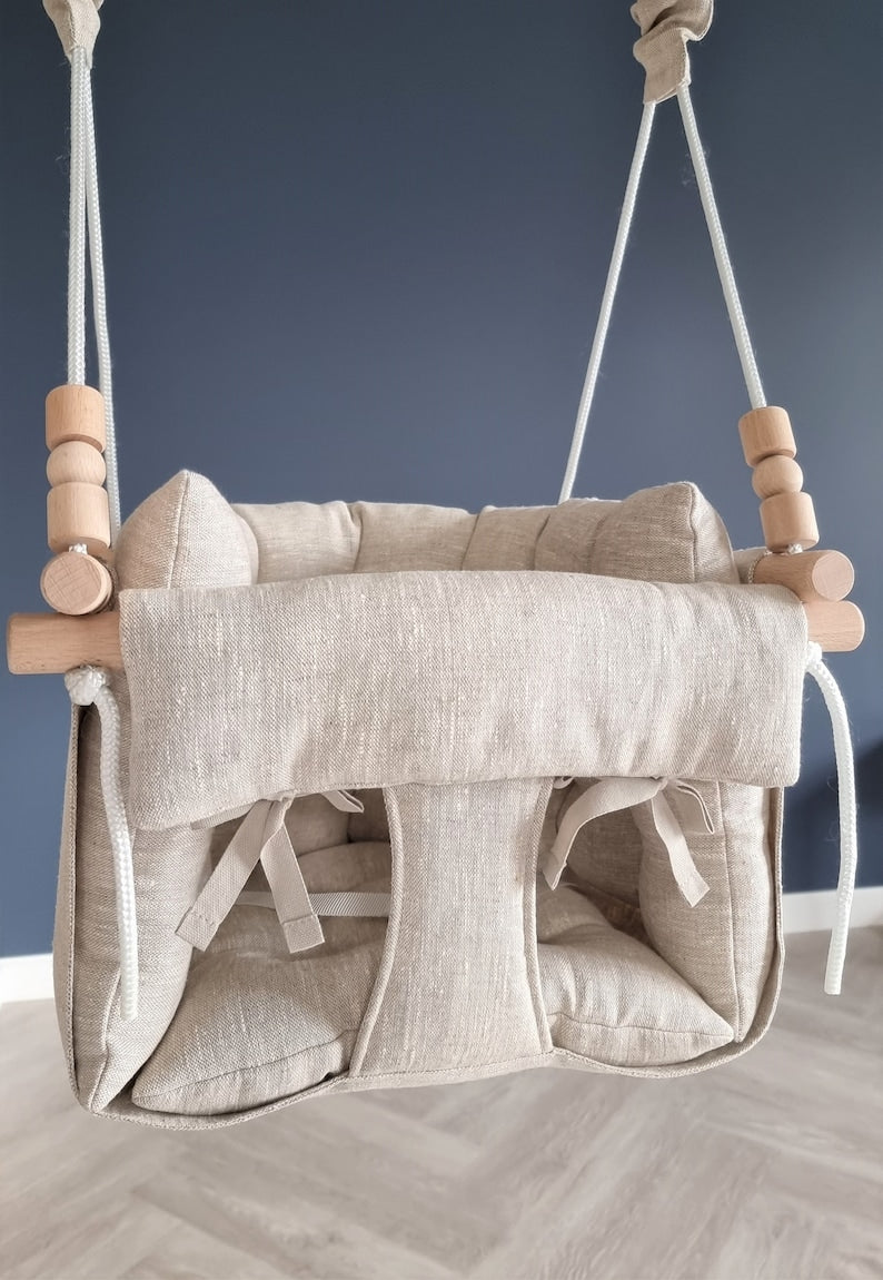 premium babyschaukel aus leinen, natur, melange - besondereshoch2