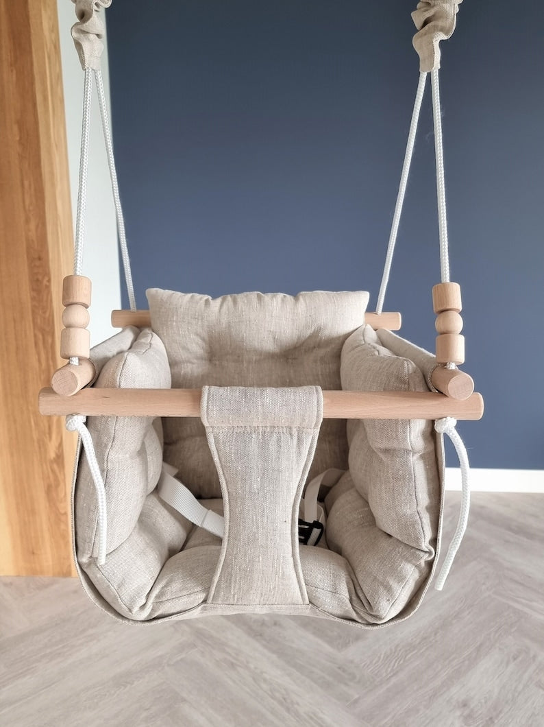 premium babyschaukel aus leinen, natur, melange - besondereshoch2