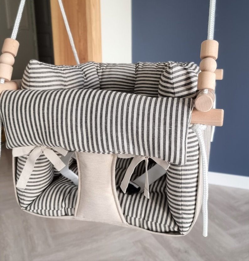 premium babyschaukel aus polyester, wetterfest, beige, schwarze streifen - besondereshoch2