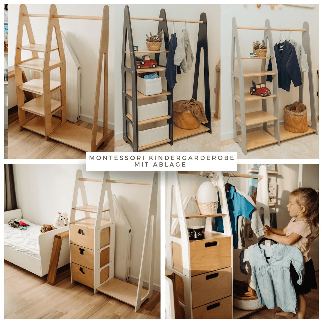 Kindergarderobe mit Ablage, Montessori Möbel, Kleiderschrank.