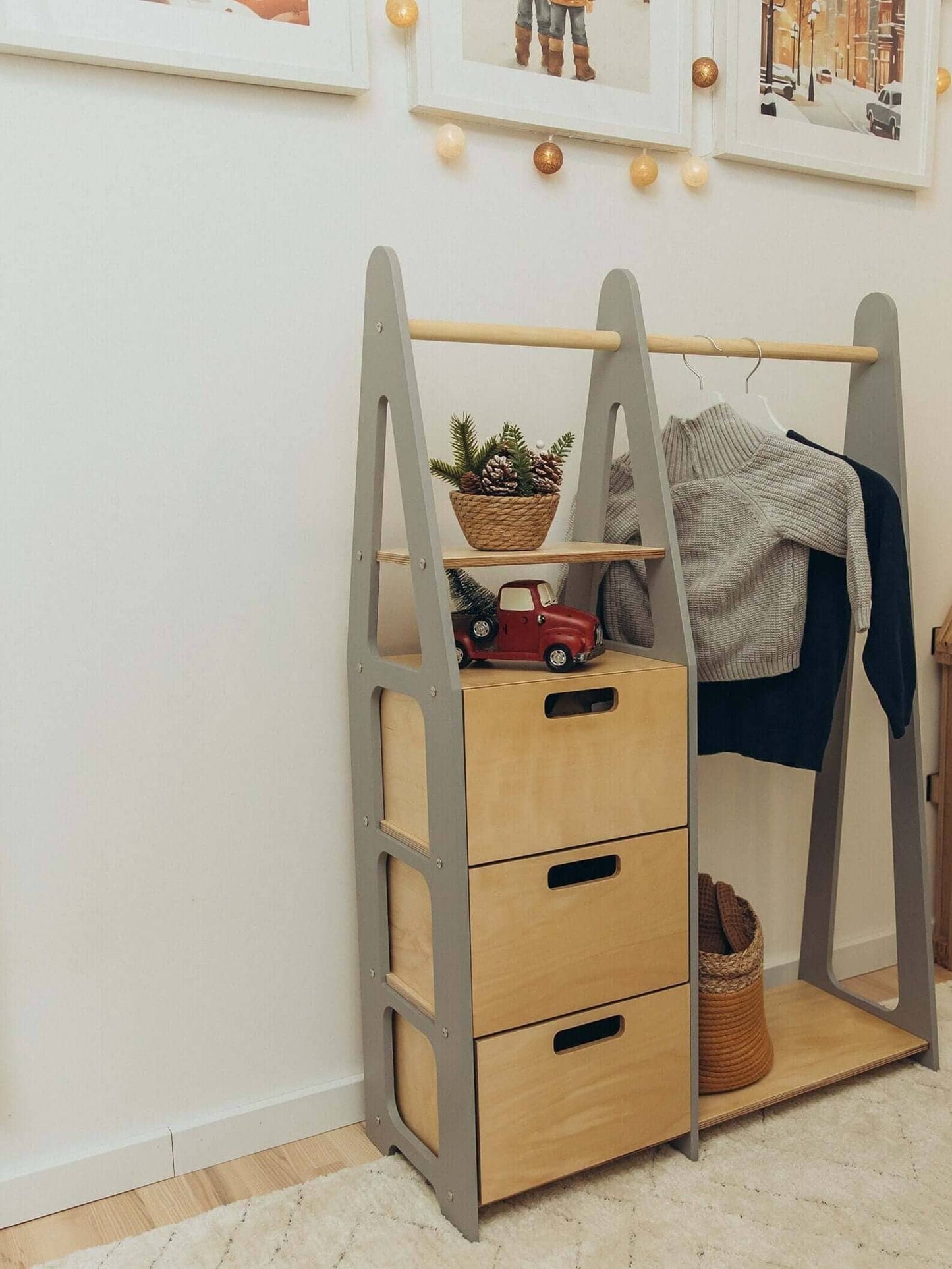 Kindergarderobe mit Ablage, Montessori Möbel, Kleiderschrank Duck Woodworks Grau Schubladen mit rechteckigem Griff