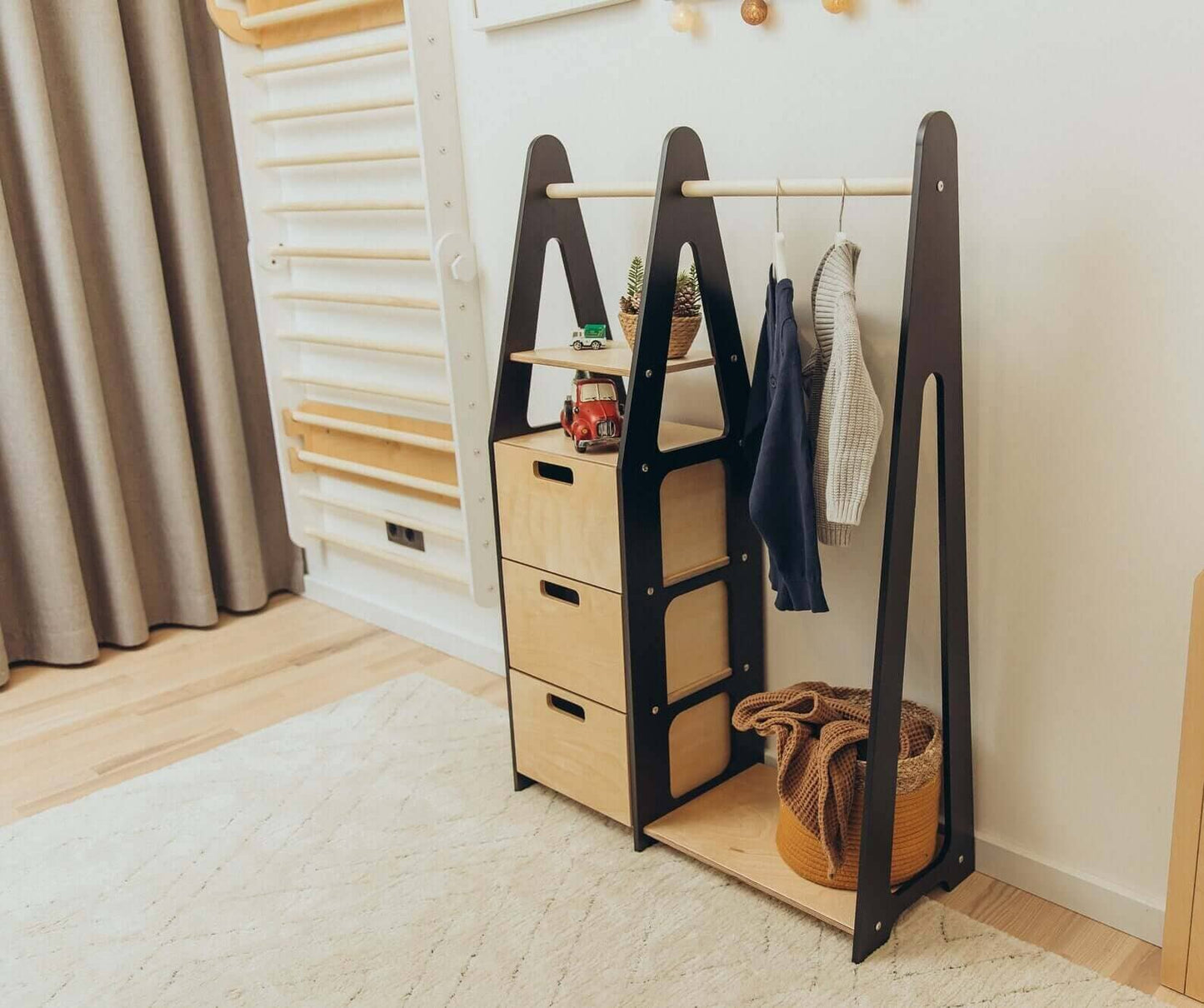 Kindergarderobe mit Ablage, Montessori Möbel, Kleiderschrank Duck Woodworks Schwarz Schubladen mit rechteckigem Griff