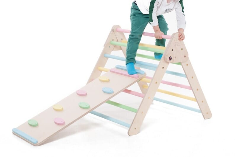 Kletterdreieck Set Classic, Kletterbogen, Rutsche, Pikler Dreieck SmartFoxWood Kletterdreick + Rampe Pastell