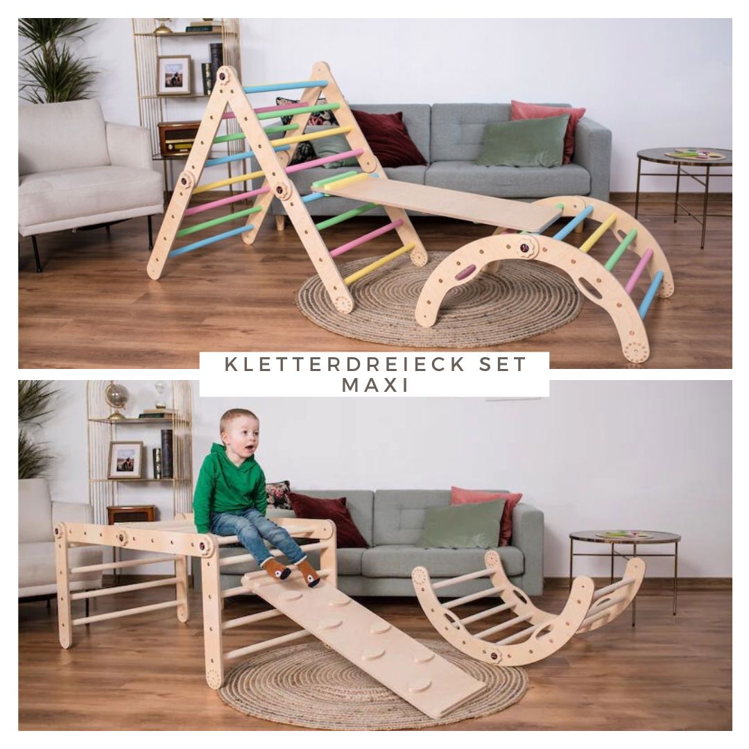 Kletterdreieck Set Maxi, Kletterbogen, Rutsche, Pikler Dreieck, Wandelbar.