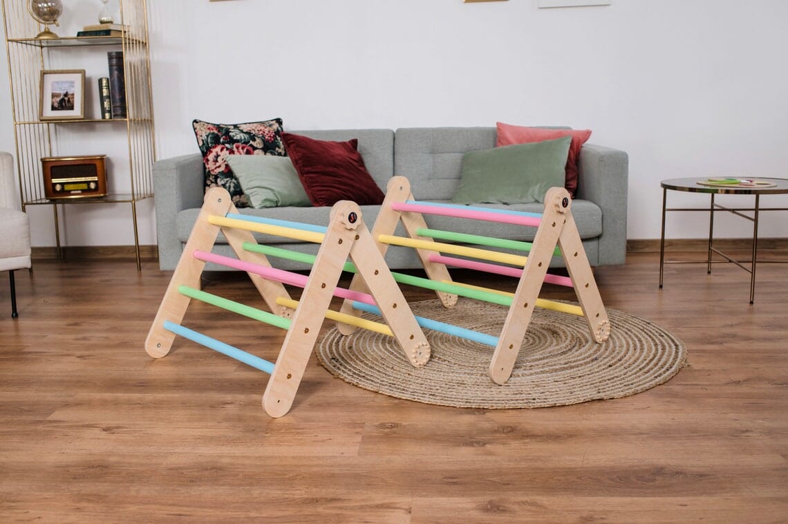 Kletterdreieck Set Maxi, Kletterbogen, Rutsche, Pikler Dreieck, Wandelbar SmartFoxWood Kletterdreieck Pastell
