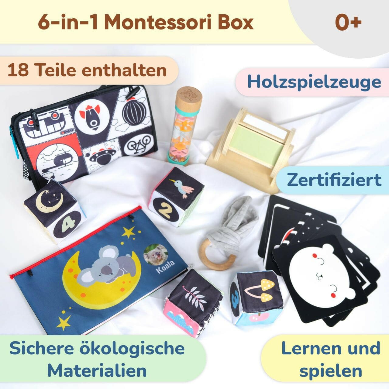 Montessori-Box für Babys von 0 bis 6 Monaten.