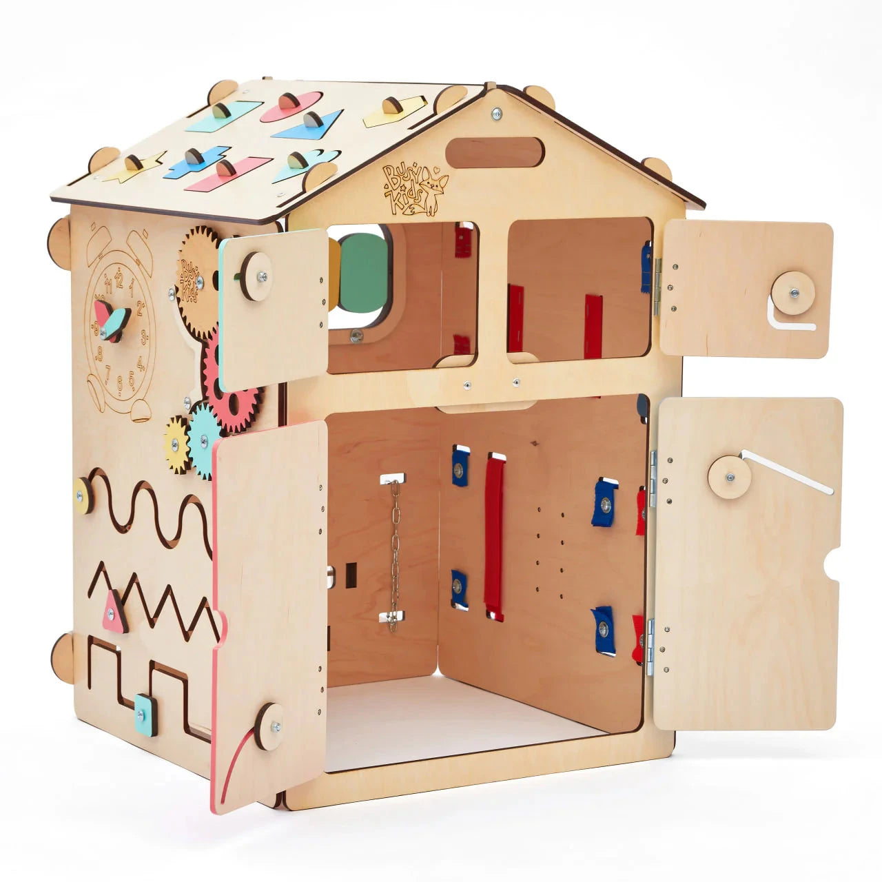BusyBoard sensorisches Spielhaus Natura – Montessori Holzspielzeug mit über 30 Aktivitäten.