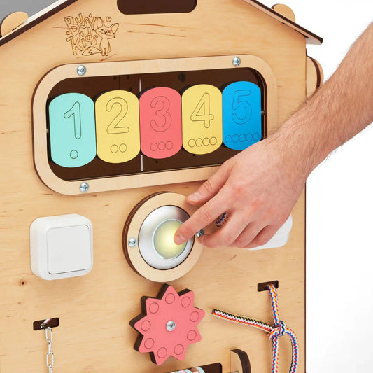 BusyBoard sensory playhouse Natura – Montessori wooden toy with over 30 activities