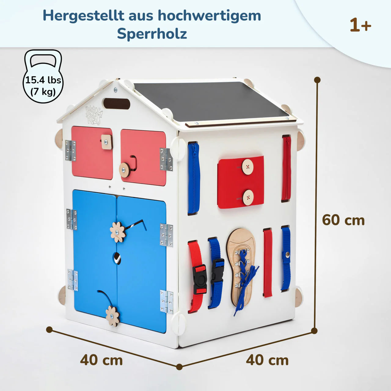 BusyBoard sensorisches Spielhaus Weiß – Montessori Holzspielzeug mit über 30 Aktivitäten.