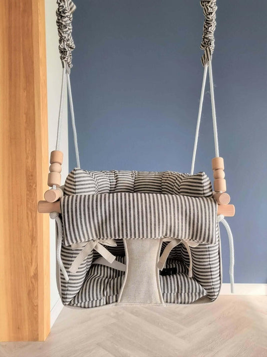 Premium baby swing made of linen with black stripes