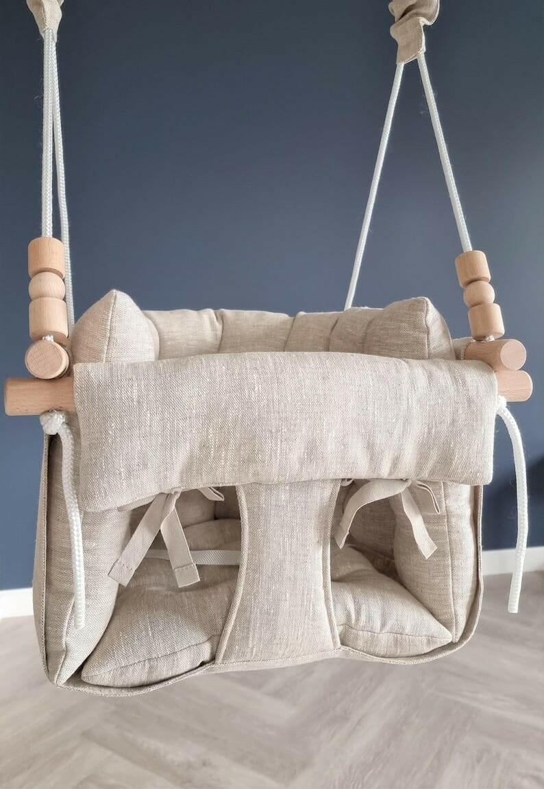 Premium Babyschaukel aus Leinen, Natur, Melange.