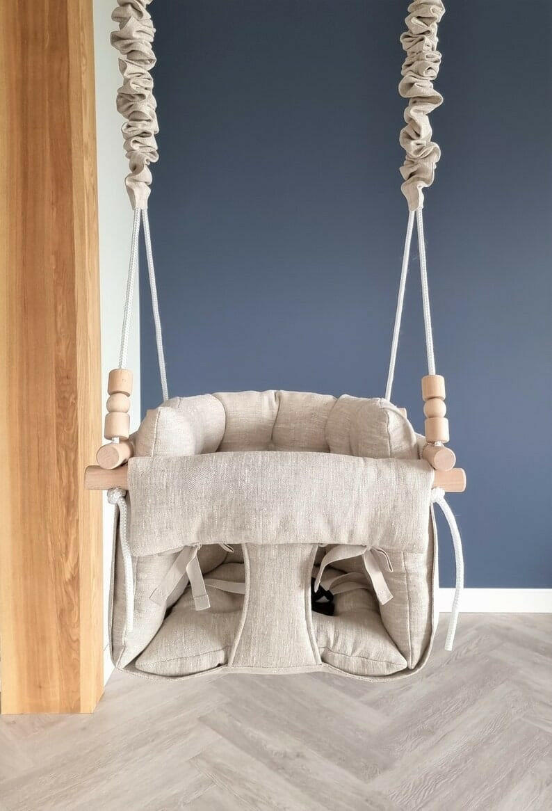Premium Babyschaukel aus Leinen, Natur, Melange.