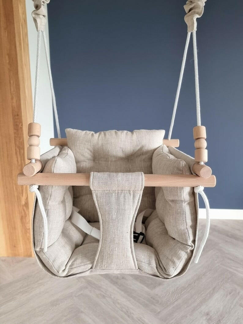Premium Babyschaukel aus Leinen, Natur, Melange.
