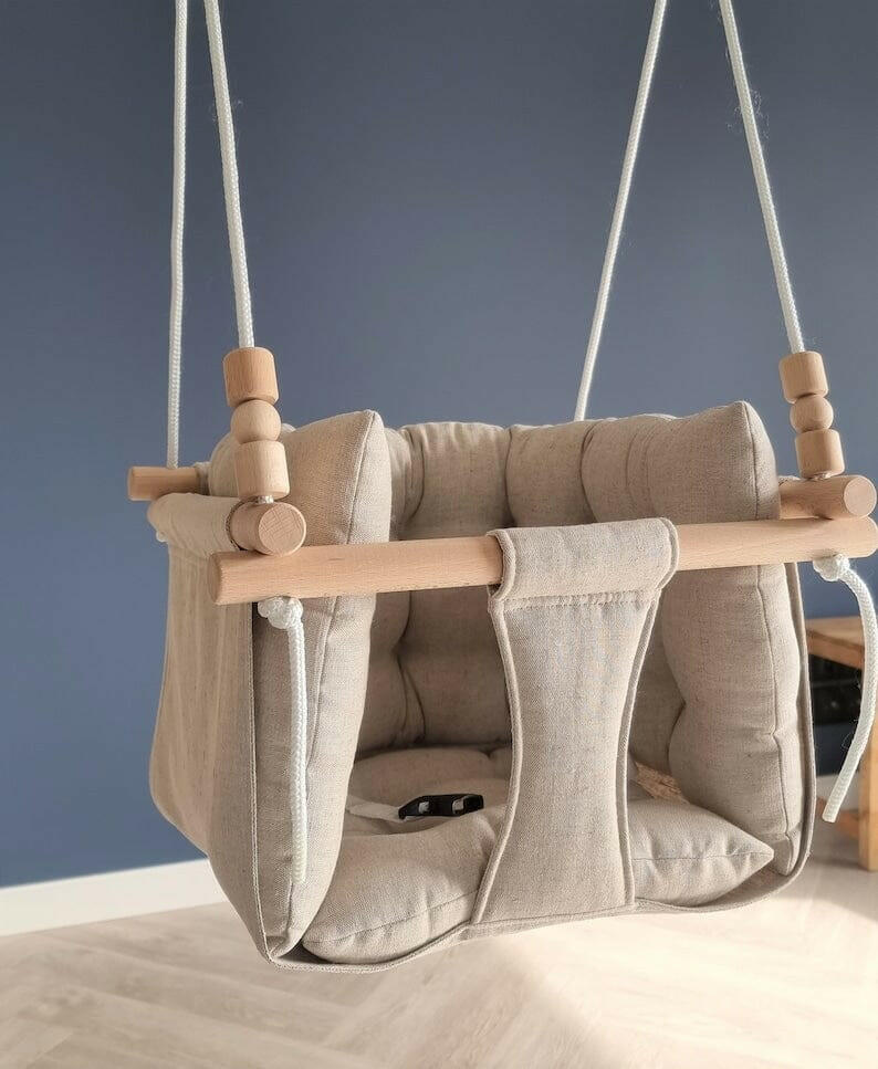 Premium Babyschaukel aus Leinen, Natur.