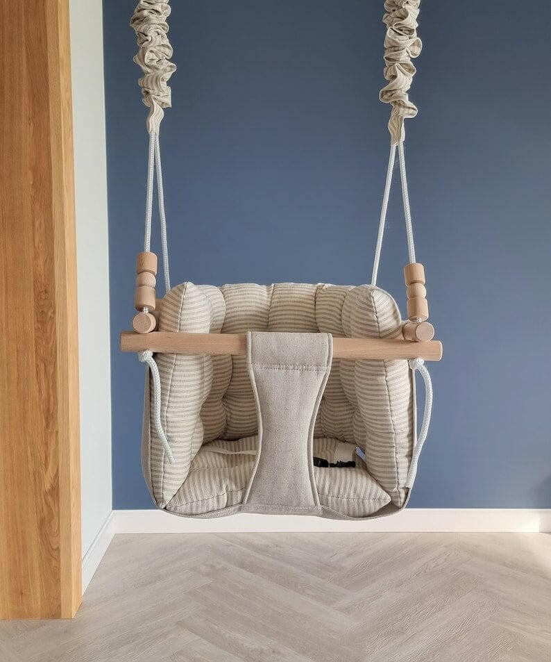 Premium Babyschaukel aus Leinen, Natur, Streifen.